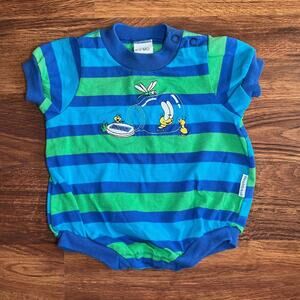 Vintage Healthtex Blue Green Striped Bug Embroidered Onesie 90s Y2K Baby Kidcore